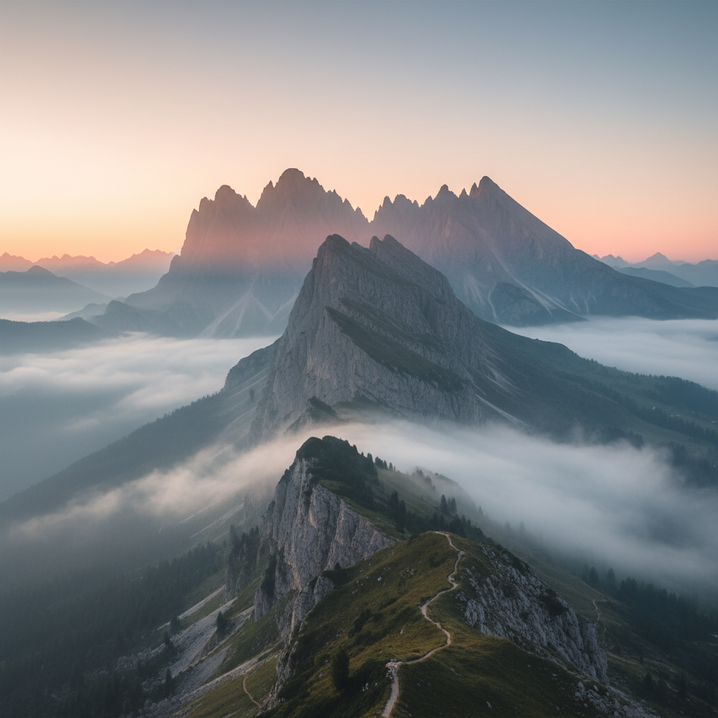 Ruhige alpine Landschaft mit Bergkamm im Morgendunst – symbolische Darstellung von Beständigkeit, Tiefe und Orientierung