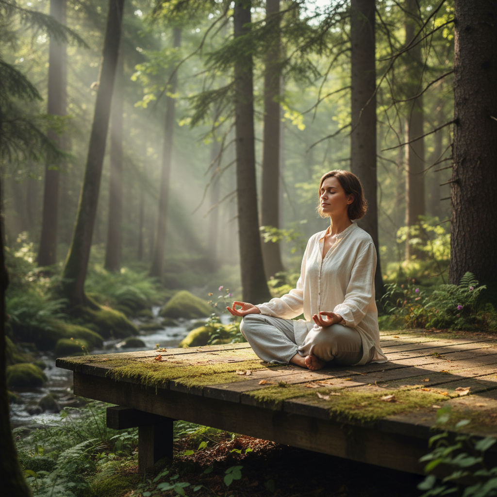 Person in stiller Meditationshaltung auf einer Holzterrasse im Wald – Illustration für Achtsamkeit und bewusstes Atmen