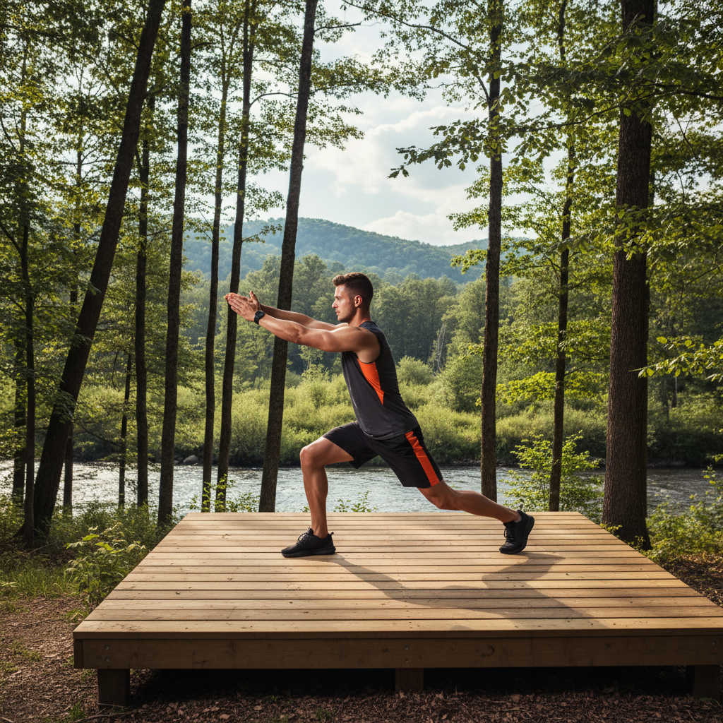 Mann beim funktionellen Körpergewichtstraining auf einer Freiluftplattform in natürlicher Umgebung – Veranschaulichung von Bewegungsmustern