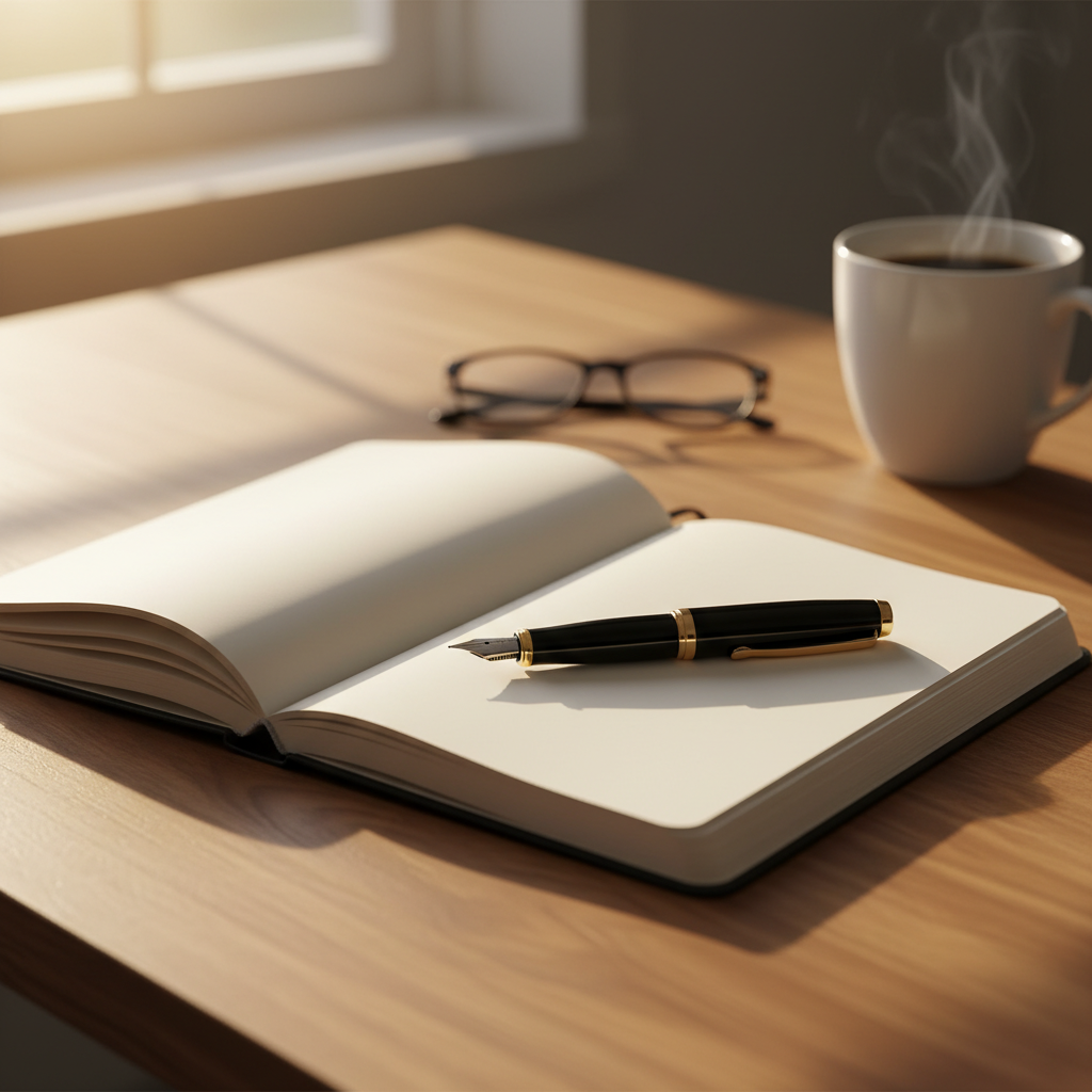 Aufgeschlagenes Notizbuch mit Stift auf einem hölzernen Schreibtisch im weichen Morgenlicht – Symbol für Reflexion und Journaling