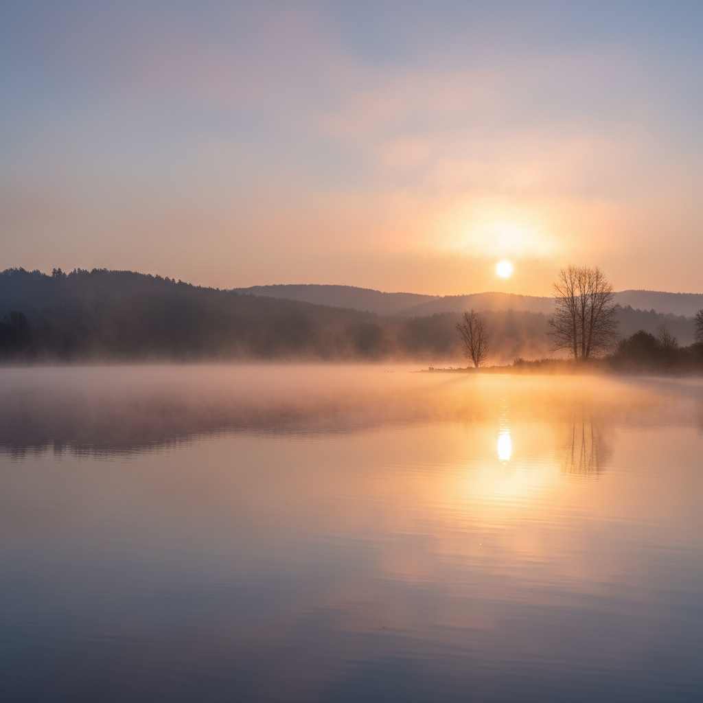 Ruhige Wasseroberfläche bei Sonnenaufgang mit Nebelschwaden – stimmungsvolles Bild für Schlaf, Regeneration und innere Ruhe